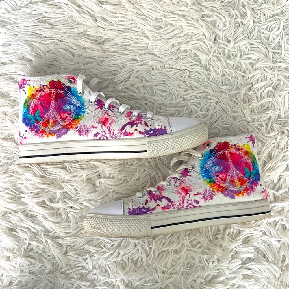 Retro Hippie 70’s Inspired Peace Sign High Top Sneakers Size 7.5